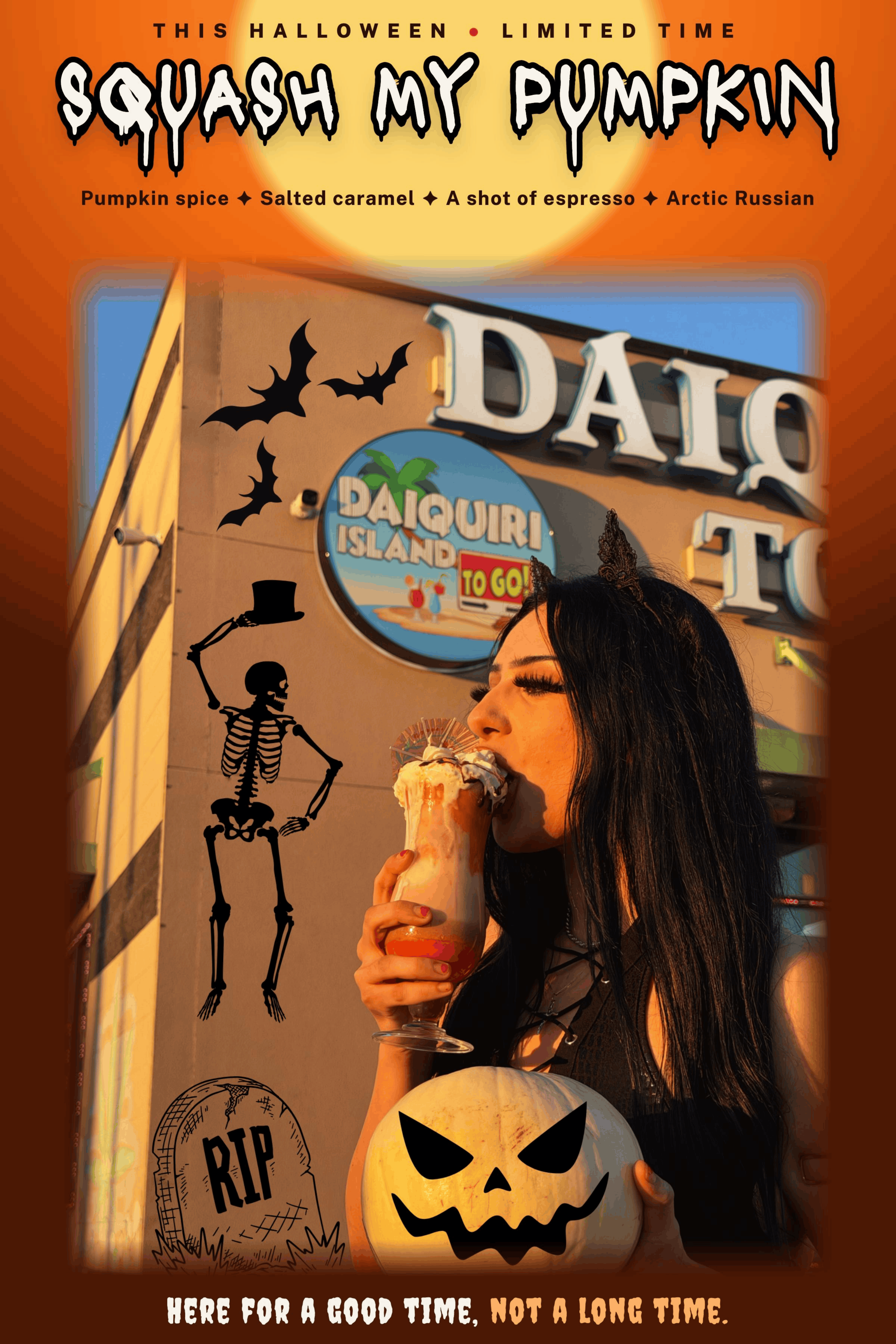Halloweiners! Cream Before You Scream — introducing Squash My Pumpkin, a Halloween-inspired daiquiri featuring pumpkin spice, Arctic Russian, espresso, and salted caramel.